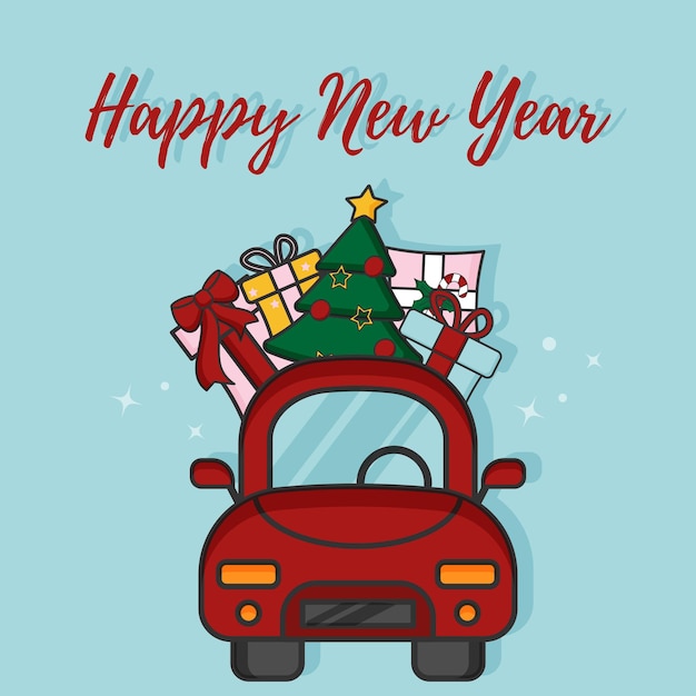 Tarjeta de Navidad año nuevo coche rojo con regalos