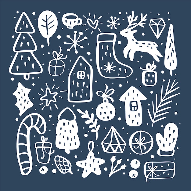 Tarjeta de Navidad de año nuevo conjunto de iconos de contorno vectorial elementos decorativos para las vacaciones de invierno para el diseño