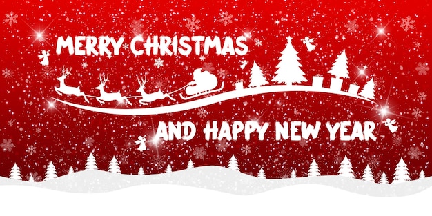 Tarjeta de Navidad y Año Nuevo en fondo rojo de Xmas con paisaje de invierno volando Santa Claus