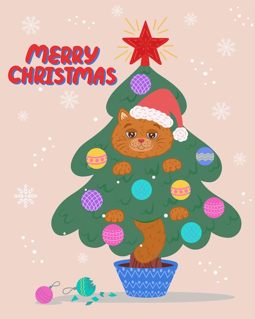 Una tarjeta de Navidad y Año Nuevo con un gato lindo y gracioso Un gato mascota está sentado en un árbol de Navidad