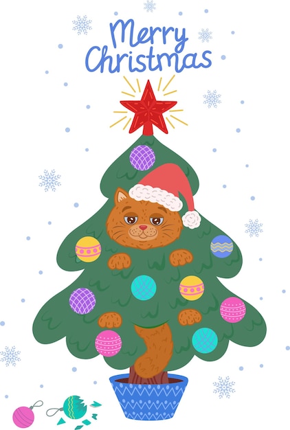 Una tarjeta de Navidad y Año Nuevo con un gato lindo y gracioso Un gato mascota está sentado en un árbol de Navidad