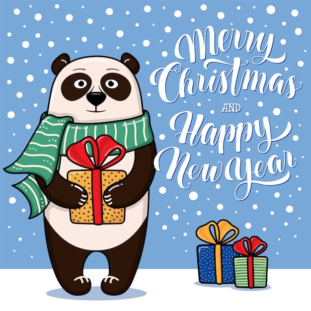 Tarjeta de Navidad y año nuevo con panda de pie