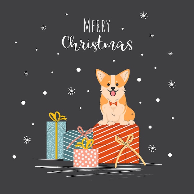 Tarjeta de Navidad y año nuevo con perro corgi con cajas de regalo Vector