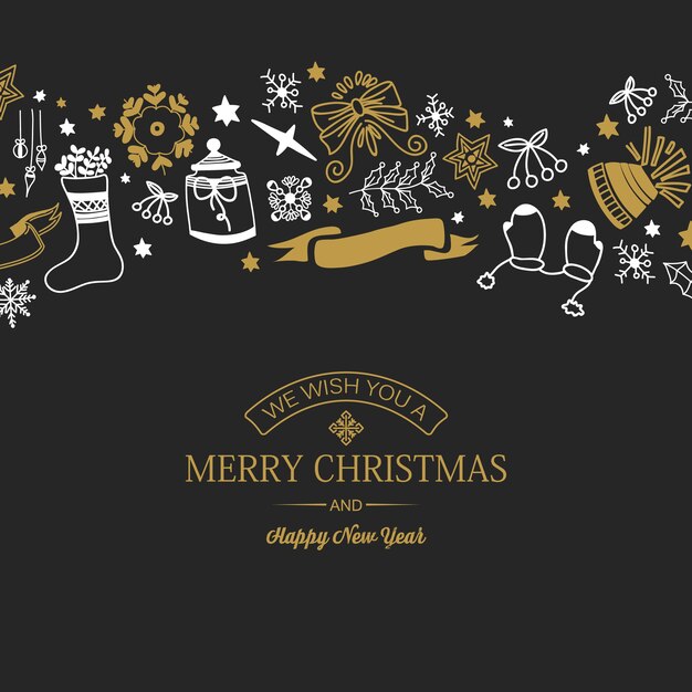 tarjeta de navidad y año nuevo con texto y elementos tradicionales dibujados a mano en la oscuridad