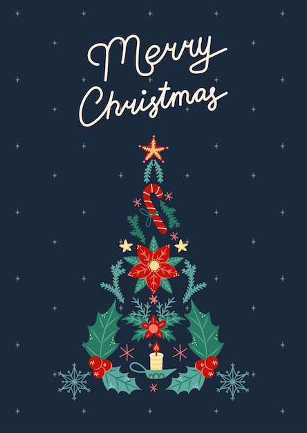Tarjeta de Navidad con árbol de Navidad tarjeta de felicitación en fondo oscuro Navidad y vector de año nuevo