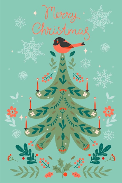 Tarjeta de Navidad con un árbol y un pájaro. Gráficos vectoriales.