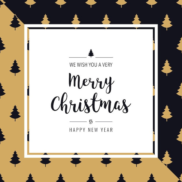 tarjeta de Navidad árbol patrón saludo texto borde marco dorado triángulo negro fondo