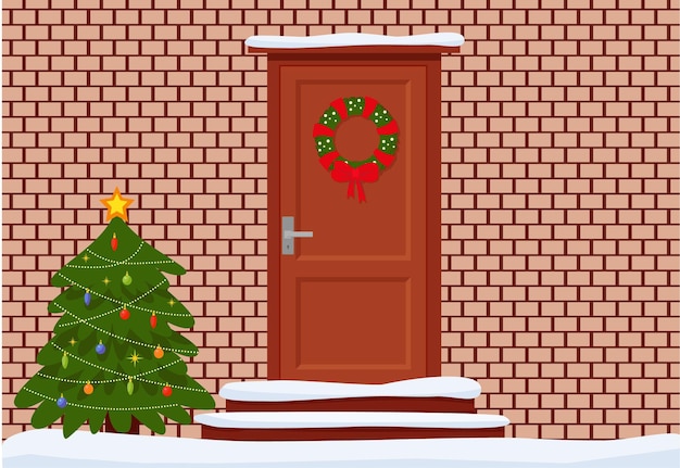 Tarjeta de Navidad, banner. Ventana y puerta decoradas para Navidad. Comodidad, comodidad. Gráficos vectoriales.