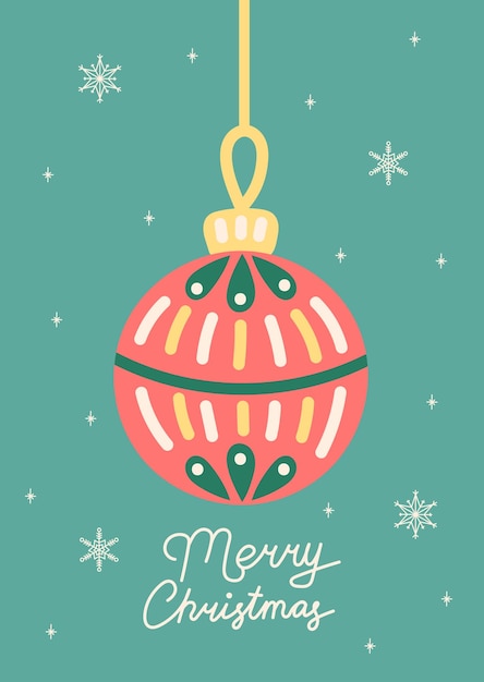 Tarjeta de Navidad con bola de árbol de Navidad Tarjeta de felicitación en fondo verde Navidad y Año Nuevo Ilustración vectorial