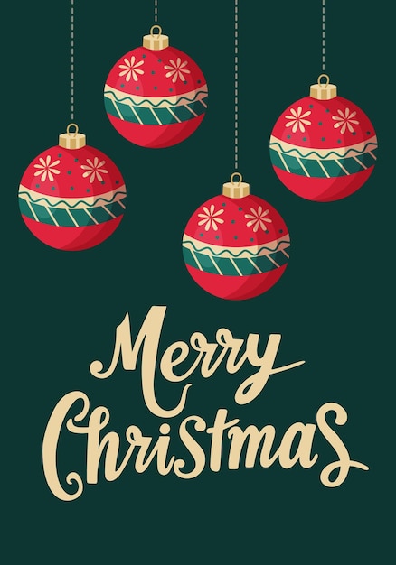 Tarjeta de Navidad con bolas de árbol de Navidad y texto escrito a mano Feliz Navidad Ilustración de Año Nuevo Brillante