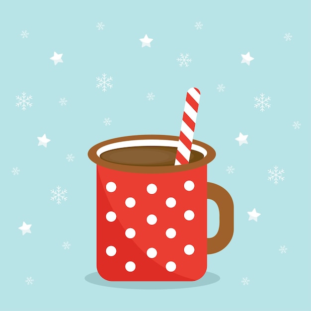 Tarjeta de Navidad con cacao y palo de Navidad chocolate caliente de Navidad sobre un fondo azul con sta