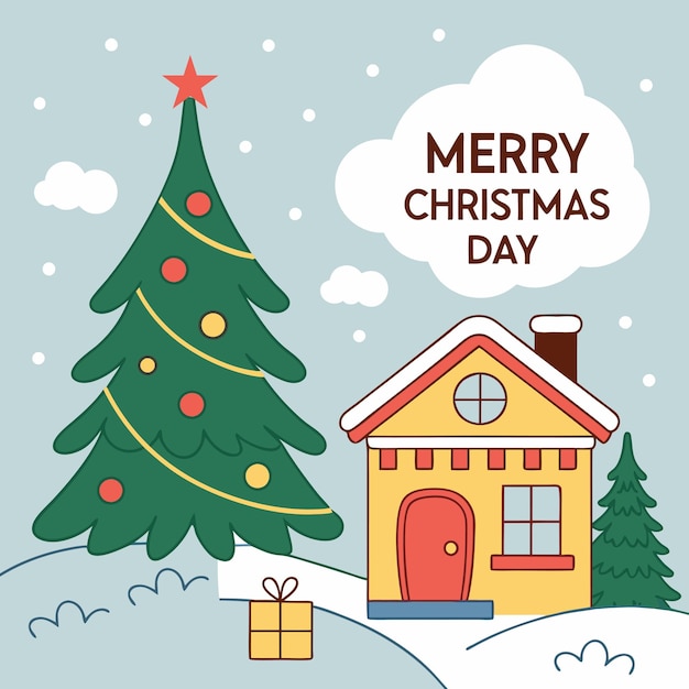 una tarjeta de Navidad con una casa y un árbol con una casa en el fondo