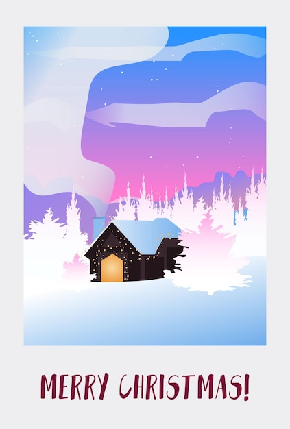 Vector tarjeta de navidad, casa de invierno nevada con humo de chimenea. paisaje de vacaciones. vectorial editable