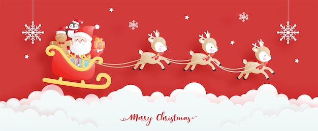 Tarjeta de Navidad, celebraciones con Santa y renos en un carro, escena navideña para banner en ilustración de estilo de corte de papel.