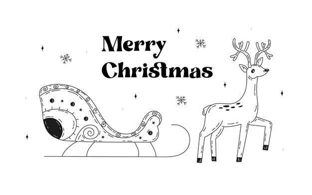 Tarjeta de Navidad con ciervo y trineo en estilo doodle Feliz tarjeta postal de vacaciones de invierno