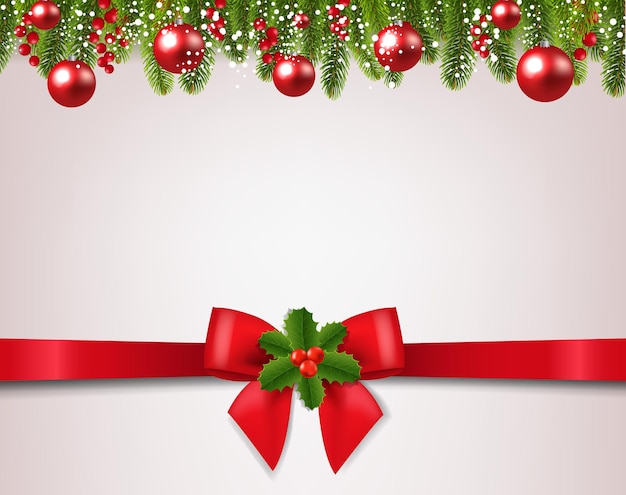Tarjeta de Navidad con cinta roja y seda con fondo de bayas de acebo con malla de degradado, ilustración vectorial