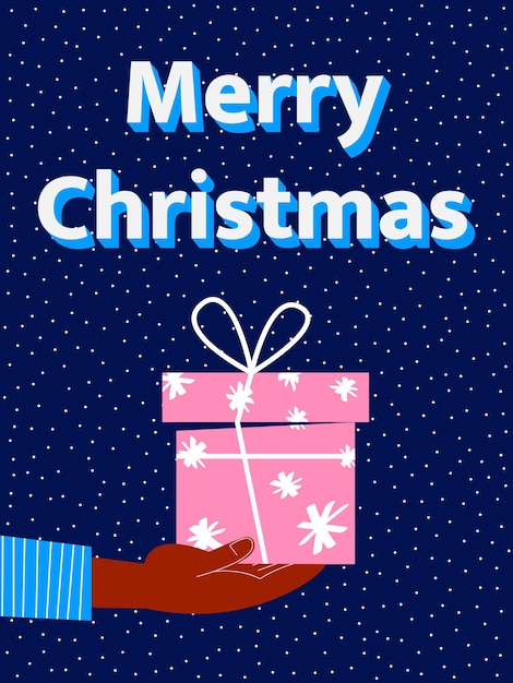Tarjeta de Navidad colorida Regalo en mano en estilo retro plano Fondo azul con nieve