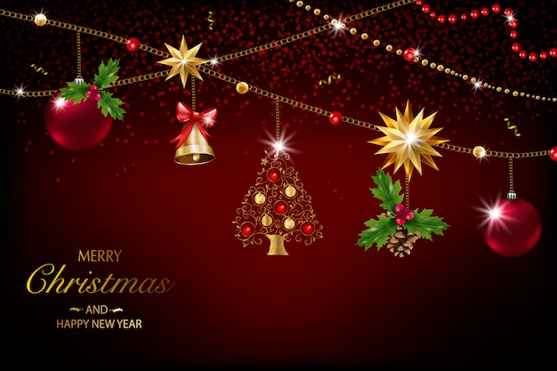 Tarjeta de Navidad con una composición de elementos festivos como estrella de oro, bayas, decoraciones para el árbol de Navidad, ramas de pino. Feliz navidad y próspero año nuevo. decoración de brillo, oro