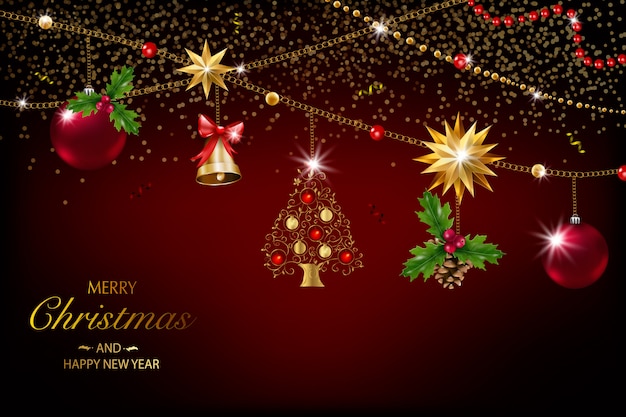 Tarjeta de Navidad con una composición de elementos festivos como estrella de oro, bayas, decoraciones para el árbol de Navidad, ramas de pino. Feliz navidad y próspero año nuevo. decoración de brillo, oro