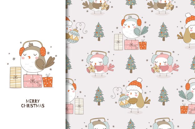 Tarjeta de Navidad y conjunto de patrones sin fisuras Pájaro de dibujos animados lindo con auriculares y regalos Diseño de superficie dibujado a mano