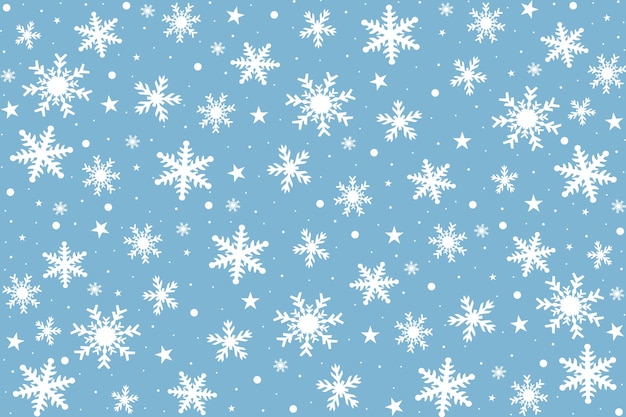 Tarjeta de Navidad con copos de nieve blancas sobre fondo azul.