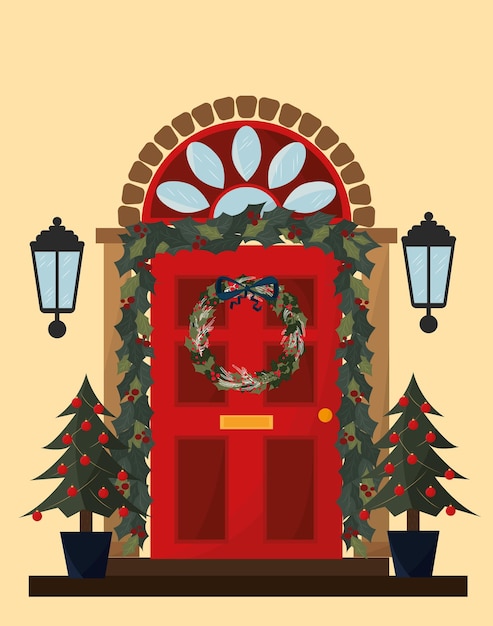 Vector tarjeta de navidad. corona navideña en la puerta. casa durante la navidad. vector de alta calidad