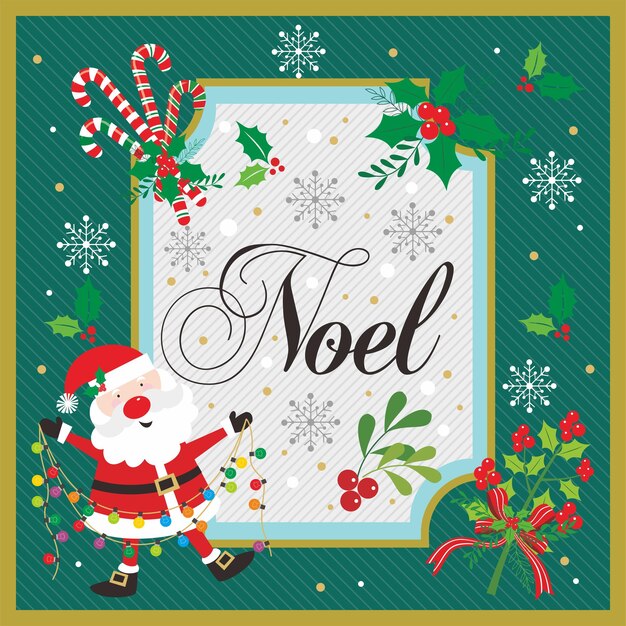 una tarjeta de Navidad con una corona de Santa Claus y un bastón de caramelo