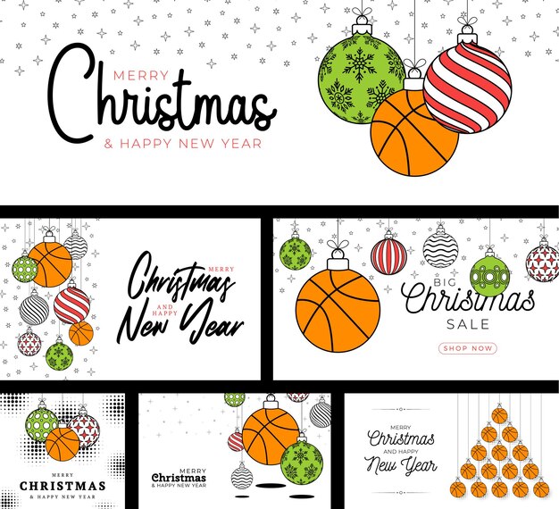 Tarjeta de Navidad deportiva de baloncesto en estilo de línea de moda Tarjeta de felicitación plana deportiva de Feliz Navidad Colgar en una pelota de baloncesto de hilo como una bola de Navidad Colección de ilustraciones de vectores deportivos