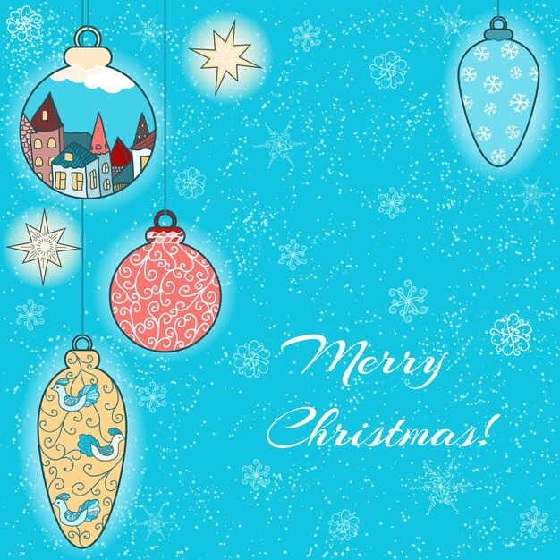 Tarjeta de Navidad dibujada a mano con bolas y estrellas