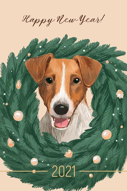 Tarjeta de navidad dibujada a mano con jack russell terrier y corona de abeto