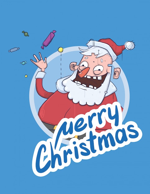 Tarjeta de Navidad con divertido Santa Claus sonriendo y agitando la mano. Santa saluda con la mano y lanza caramelos. Letras sobre fondo azul. Elemento redondo. Ilustración de personaje de dibujos animados.