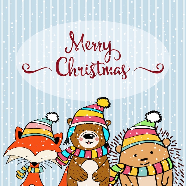 Tarjeta de navidad doodle con graciosos animales vestidos.