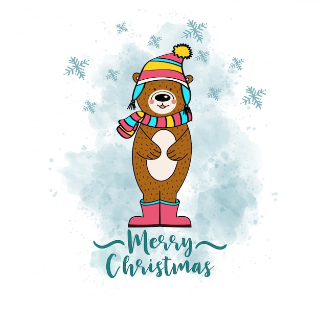 Tarjeta de Navidad Doodle con oso vestido