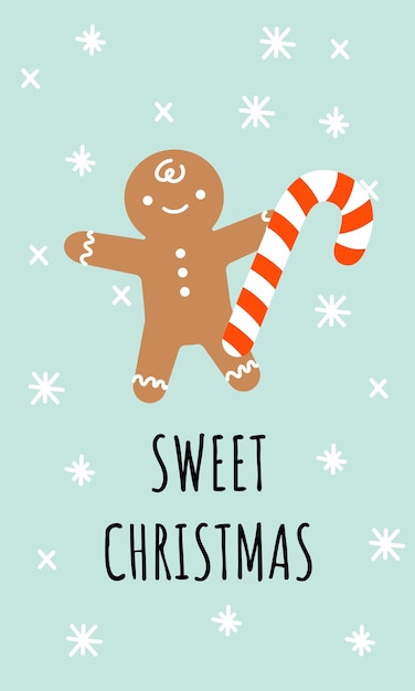 Tarjeta de Navidad dulce con hombre de pan de jengibre y caña de caramelo