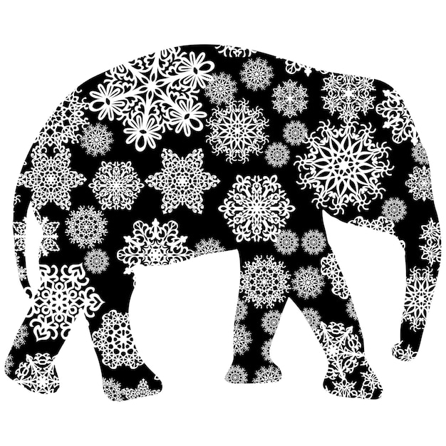Tarjeta de Navidad elefante en copos de nieve sobre un fondo blanco.