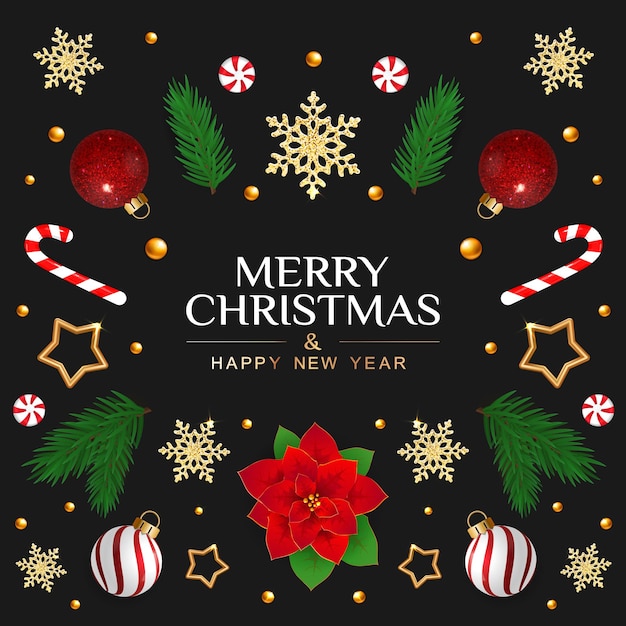 Vector tarjeta de navidad con elementos festivos, copos de nieve y dulces poinsettia