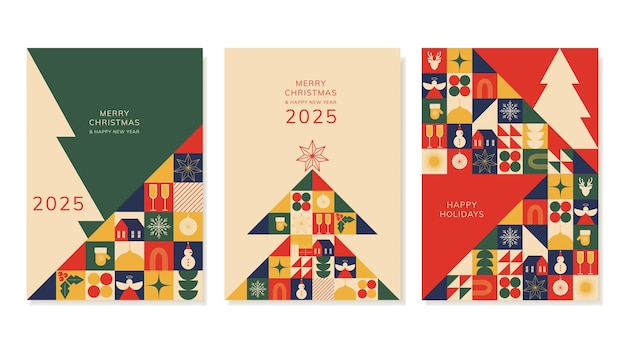 Tarjeta de Navidad en estilo moderno geométrico carteles minimalistas coloridos con saludos para la Navidad