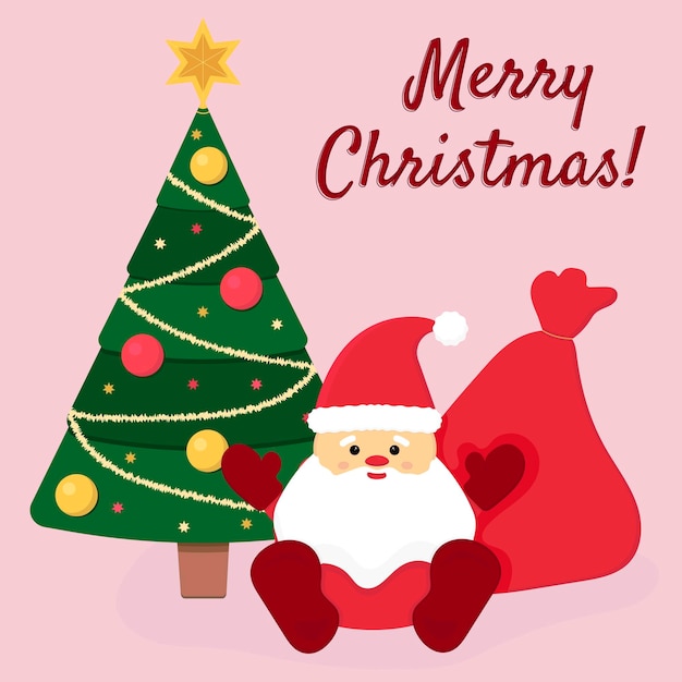 Tarjeta de navidad de estilo retro con lindo santa y saco con regalos árbol de navidad y feliz navidad