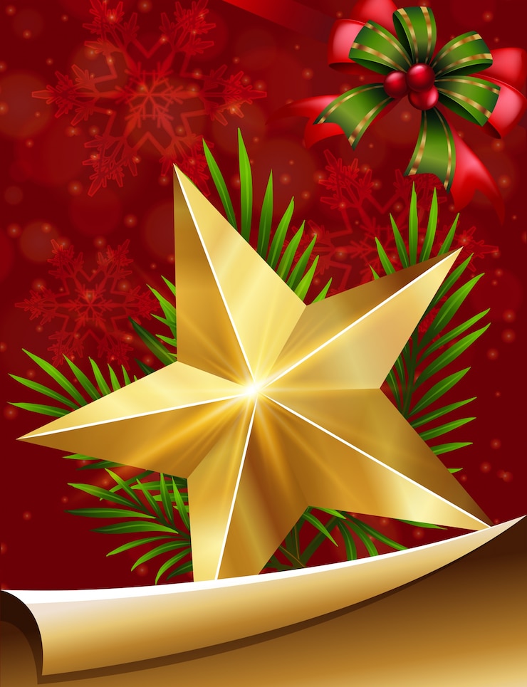 Vector tarjeta de navidad con estrella de oro y cinta