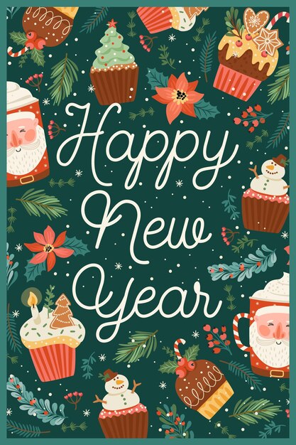 Tarjeta de Navidad y Feliz Año Nuevo con dulces de Navidad y bebida Estilo retro de moda Diseño vectorial