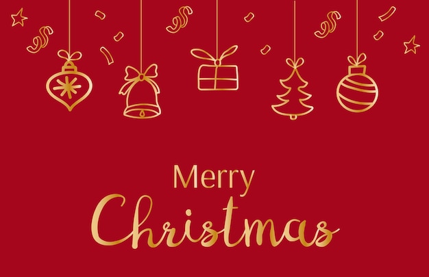 Tarjeta de Navidad feliz bandera horizontal con elementos de garabatos de línea dorada y serpentina