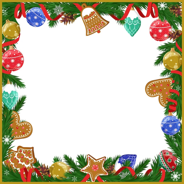 Tarjeta de Navidad festiva con abeto y decoraciones festivas bolas pan de jengibre copos de nieve