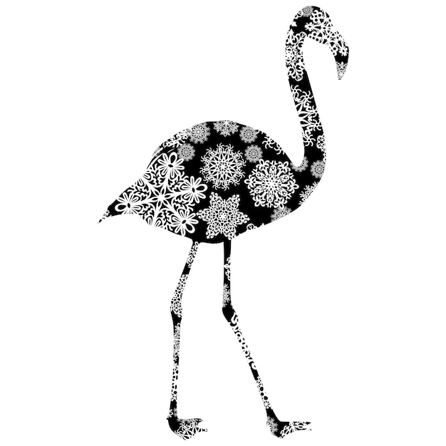 Tarjeta de Navidad flamencos rosados en copos de nieve sobre un fondo blanco.