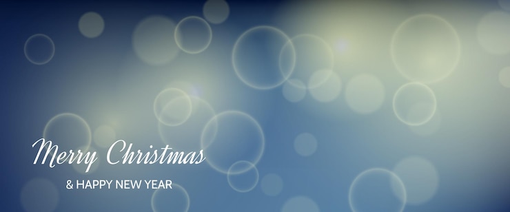 Vector tarjeta de navidad con un fondo azul con efecto de luz bokeh borrosa con luces circulares borrosas y la inscripción feliz navidad y feliz año nuevo ilustración vectorial