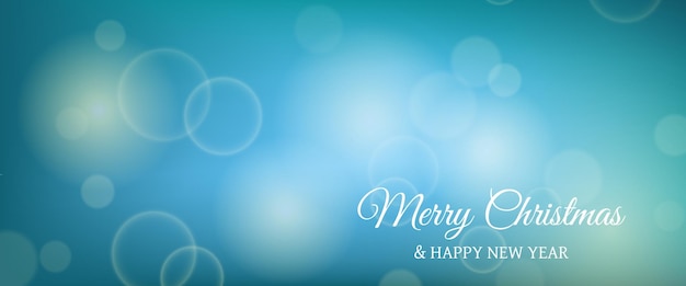 Tarjeta de Navidad con un fondo azul con efecto de luz bokeh borrosa con luces circulares borrosas y la inscripción Feliz Navidad y Feliz Año Nuevo Ilustración vectorial