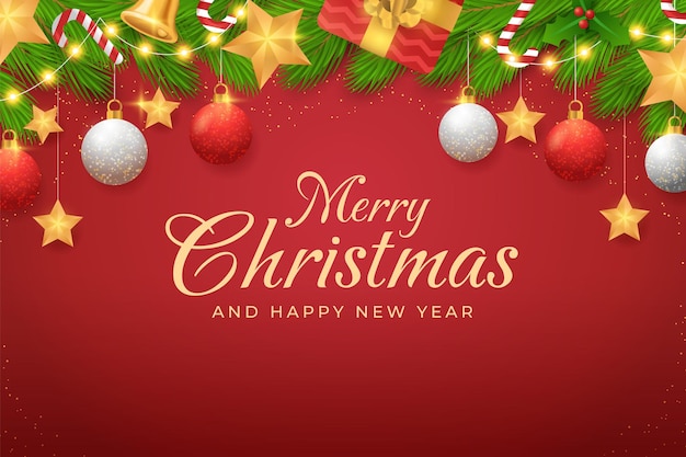 una tarjeta de Navidad con un fondo rojo con un árbol de Navidad y bolas