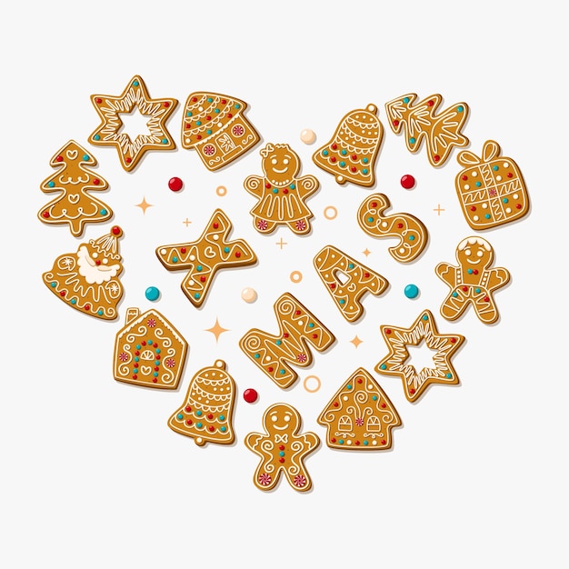 Tarjeta de navidad con galletas de jengibre caseras dobladas en forma de corazón sobre un fondo blanco.