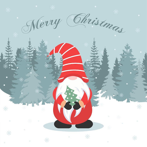 Tarjeta de Navidad gnomo con un árbol de Navidad en sus manos ilustración vectorial