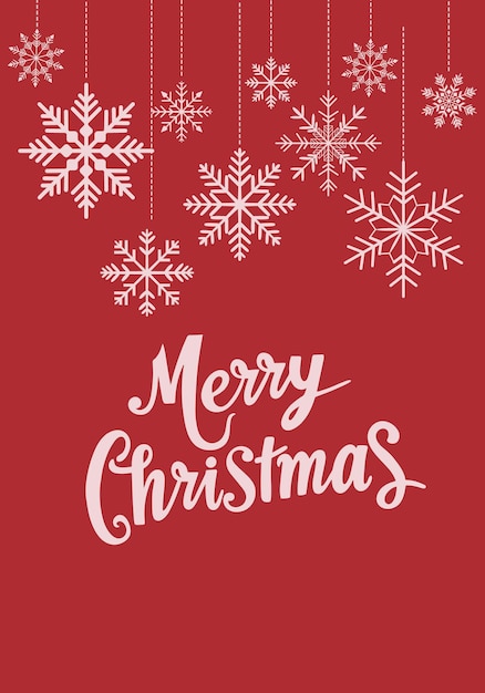 Tarjeta de Navidad Guirnalda de copos de nieve blancos sobre un fondo rojo Inscripción manuscrita Feliz Navidad