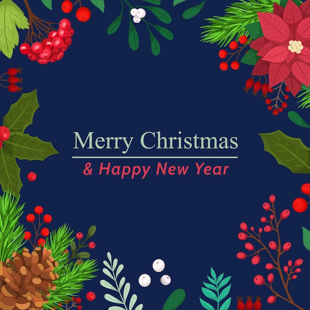 Tarjeta de Navidad en ilustración de estilo plano sobre el tema del marco de Navidad decorado con pla de invierno